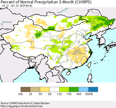 China and Taiwan Percent of Normal Precipitation 3-Month (CHIRPS) Thematic Map For 7/11/2019 - 10/10/2019