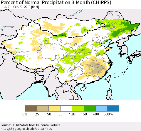 China and Taiwan Percent of Normal Precipitation 3-Month (CHIRPS) Thematic Map For 7/21/2019 - 10/20/2019