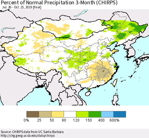 China and Taiwan Percent of Normal Precipitation 3-Month (CHIRPS) Thematic Map For 7/26/2019 - 10/25/2019