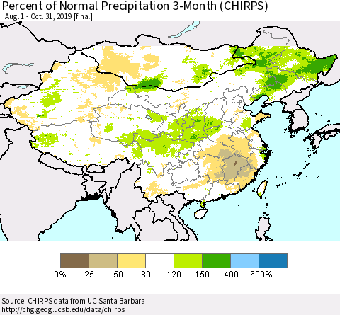 China, Mongolia and Taiwan Percent of Normal Precipitation 3-Month (CHIRPS) Thematic Map For 8/1/2019 - 10/31/2019