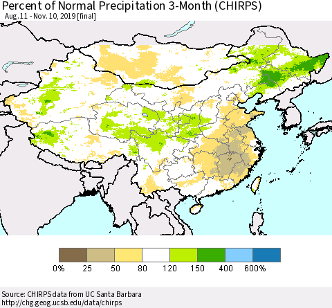 China and Taiwan Percent of Normal Precipitation 3-Month (CHIRPS) Thematic Map For 8/11/2019 - 11/10/2019
