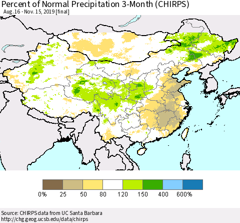 China, Mongolia and Taiwan Percent of Normal Precipitation 3-Month (CHIRPS) Thematic Map For 8/16/2019 - 11/15/2019