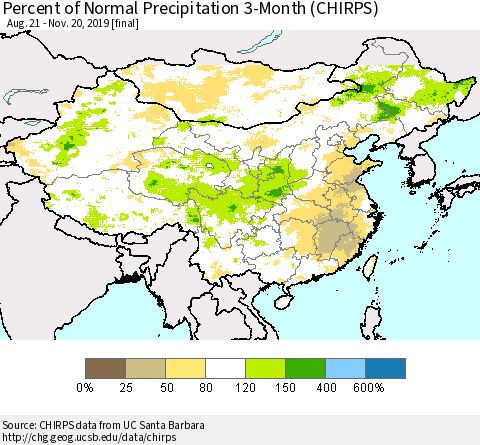 China, Mongolia and Taiwan Percent of Normal Precipitation 3-Month (CHIRPS) Thematic Map For 8/21/2019 - 11/20/2019