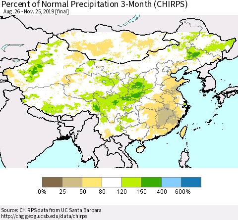 China and Taiwan Percent of Normal Precipitation 3-Month (CHIRPS) Thematic Map For 8/26/2019 - 11/25/2019