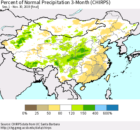 China, Mongolia and Taiwan Percent of Normal Precipitation 3-Month (CHIRPS) Thematic Map For 9/1/2019 - 11/30/2019