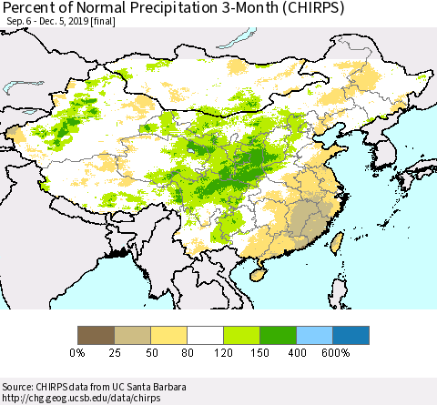 China and Taiwan Percent of Normal Precipitation 3-Month (CHIRPS) Thematic Map For 9/6/2019 - 12/5/2019