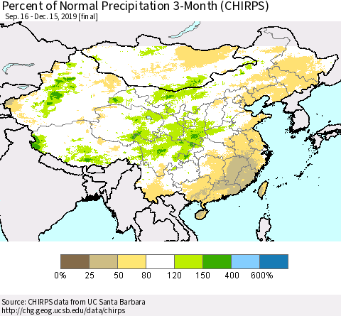 China and Taiwan Percent of Normal Precipitation 3-Month (CHIRPS) Thematic Map For 9/16/2019 - 12/15/2019