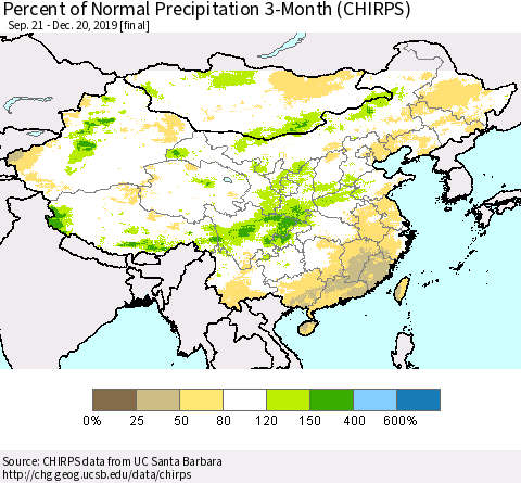 China and Taiwan Percent of Normal Precipitation 3-Month (CHIRPS) Thematic Map For 9/21/2019 - 12/20/2019
