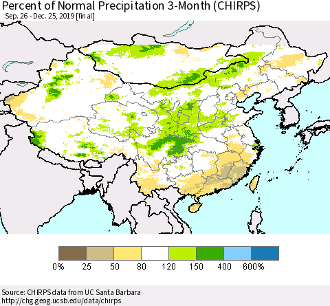 China, Mongolia and Taiwan Percent of Normal Precipitation 3-Month (CHIRPS) Thematic Map For 9/26/2019 - 12/25/2019