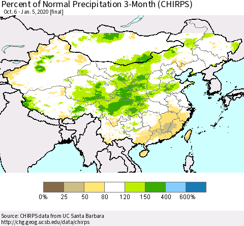 China and Taiwan Percent of Normal Precipitation 3-Month (CHIRPS) Thematic Map For 10/6/2019 - 1/5/2020