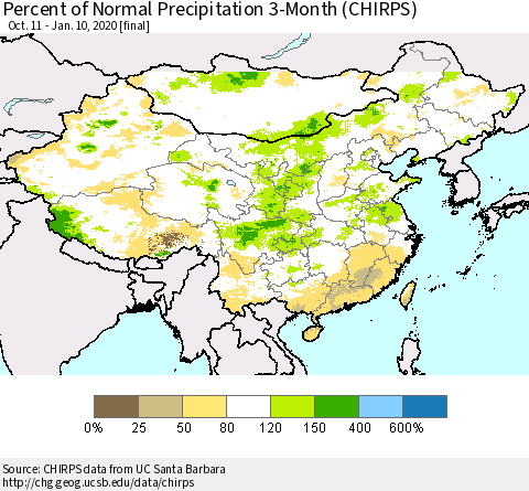 China, Mongolia and Taiwan Percent of Normal Precipitation 3-Month (CHIRPS) Thematic Map For 10/11/2019 - 1/10/2020