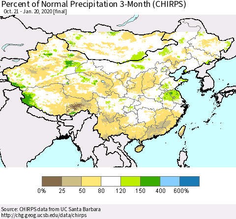 China and Taiwan Percent of Normal Precipitation 3-Month (CHIRPS) Thematic Map For 10/21/2019 - 1/20/2020
