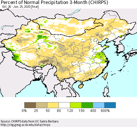 China and Taiwan Percent of Normal Precipitation 3-Month (CHIRPS) Thematic Map For 10/26/2019 - 1/25/2020