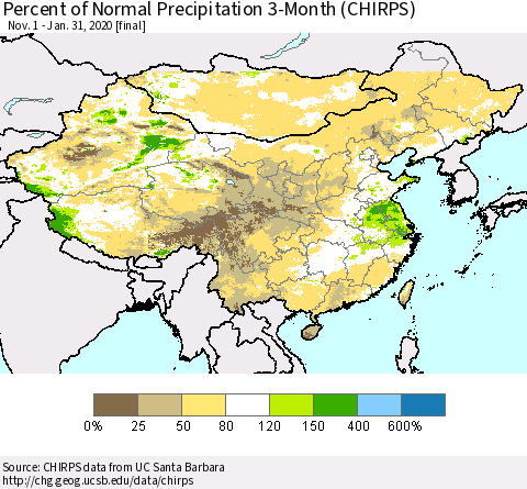 China, Mongolia and Taiwan Percent of Normal Precipitation 3-Month (CHIRPS) Thematic Map For 11/1/2019 - 1/31/2020
