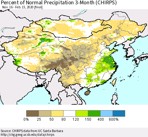 China, Mongolia and Taiwan Percent of Normal Precipitation 3-Month (CHIRPS) Thematic Map For 11/16/2019 - 2/15/2020