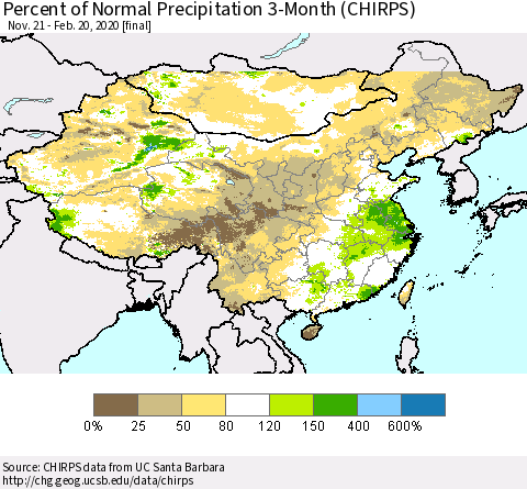 China, Mongolia and Taiwan Percent of Normal Precipitation 3-Month (CHIRPS) Thematic Map For 11/21/2019 - 2/20/2020