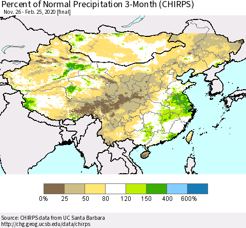 China, Mongolia and Taiwan Percent of Normal Precipitation 3-Month (CHIRPS) Thematic Map For 11/26/2019 - 2/25/2020