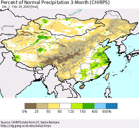 China, Mongolia and Taiwan Percent of Normal Precipitation 3-Month (CHIRPS) Thematic Map For 12/1/2019 - 2/29/2020