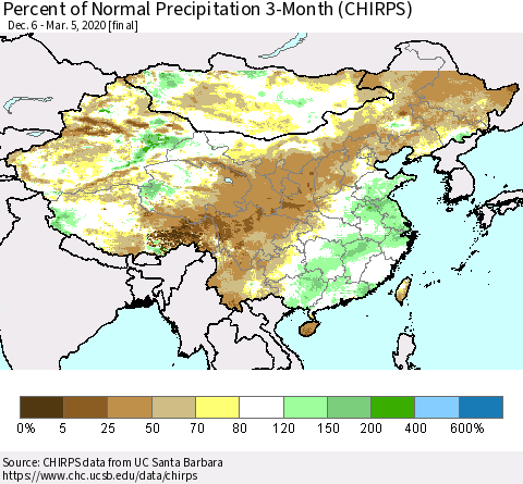 China, Mongolia and Taiwan Percent of Normal Precipitation 3-Month (CHIRPS) Thematic Map For 12/6/2019 - 3/5/2020