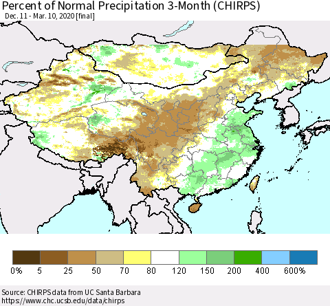 China, Mongolia and Taiwan Percent of Normal Precipitation 3-Month (CHIRPS) Thematic Map For 12/11/2019 - 3/10/2020