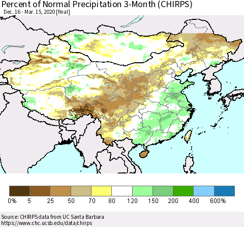 China, Mongolia and Taiwan Percent of Normal Precipitation 3-Month (CHIRPS) Thematic Map For 12/16/2019 - 3/15/2020