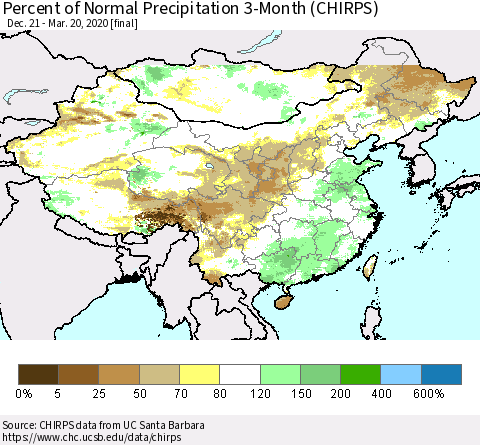 China, Mongolia and Taiwan Percent of Normal Precipitation 3-Month (CHIRPS) Thematic Map For 12/21/2019 - 3/20/2020