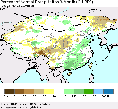 China, Mongolia and Taiwan Percent of Normal Precipitation 3-Month (CHIRPS) Thematic Map For 12/26/2019 - 3/25/2020