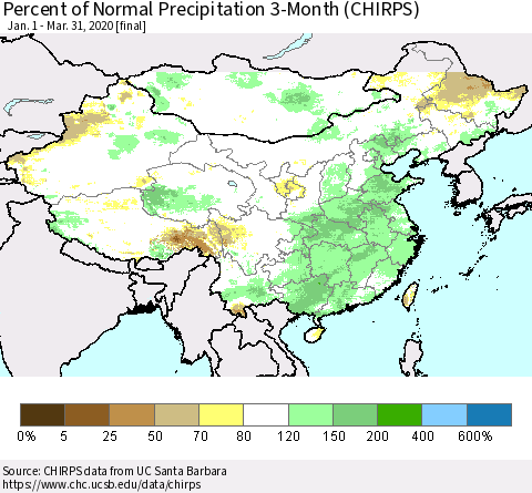 China, Mongolia and Taiwan Percent of Normal Precipitation 3-Month (CHIRPS) Thematic Map For 1/1/2020 - 3/31/2020
