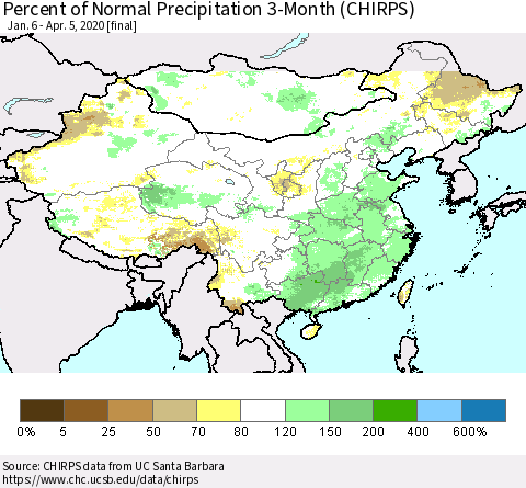 China, Mongolia and Taiwan Percent of Normal Precipitation 3-Month (CHIRPS) Thematic Map For 1/6/2020 - 4/5/2020