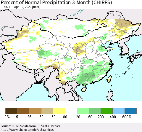 China, Mongolia and Taiwan Percent of Normal Precipitation 3-Month (CHIRPS) Thematic Map For 1/11/2020 - 4/10/2020