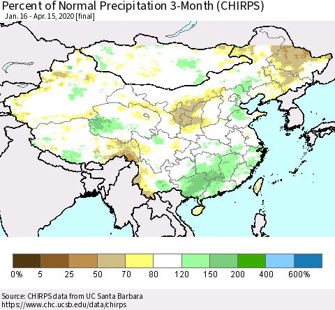 China, Mongolia and Taiwan Percent of Normal Precipitation 3-Month (CHIRPS) Thematic Map For 1/16/2020 - 4/15/2020