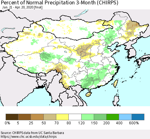 China, Mongolia and Taiwan Percent of Normal Precipitation 3-Month (CHIRPS) Thematic Map For 1/21/2020 - 4/20/2020