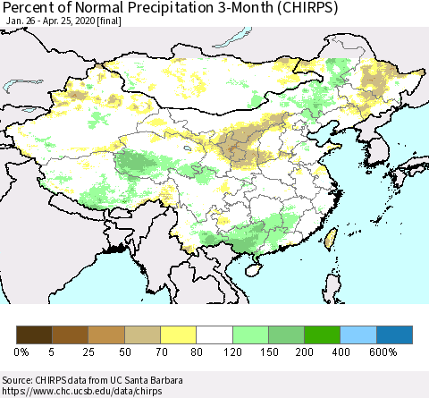 China, Mongolia and Taiwan Percent of Normal Precipitation 3-Month (CHIRPS) Thematic Map For 1/26/2020 - 4/25/2020