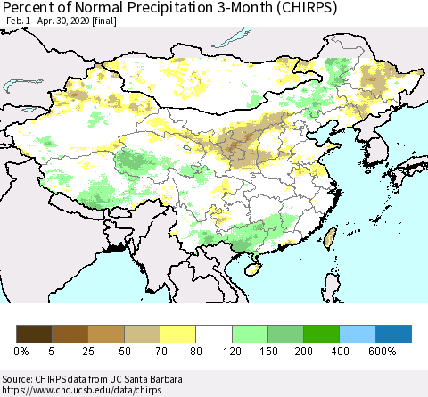 China, Mongolia and Taiwan Percent of Normal Precipitation 3-Month (CHIRPS) Thematic Map For 2/1/2020 - 4/30/2020