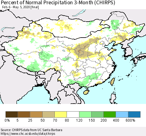 China, Mongolia and Taiwan Percent of Normal Precipitation 3-Month (CHIRPS) Thematic Map For 2/6/2020 - 5/5/2020