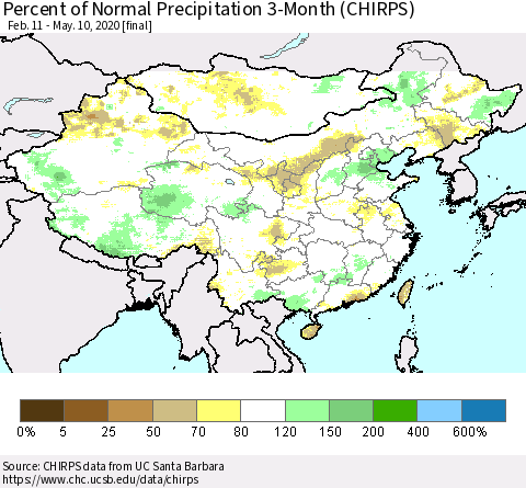 China, Mongolia and Taiwan Percent of Normal Precipitation 3-Month (CHIRPS) Thematic Map For 2/11/2020 - 5/10/2020