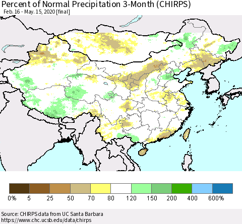 China, Mongolia and Taiwan Percent of Normal Precipitation 3-Month (CHIRPS) Thematic Map For 2/16/2020 - 5/15/2020