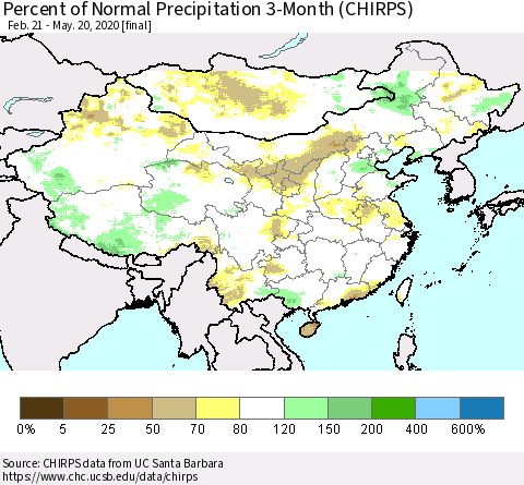 China, Mongolia and Taiwan Percent of Normal Precipitation 3-Month (CHIRPS) Thematic Map For 2/21/2020 - 5/20/2020