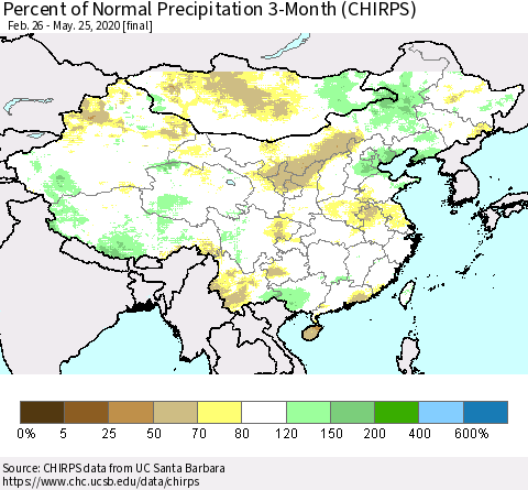 China, Mongolia and Taiwan Percent of Normal Precipitation 3-Month (CHIRPS) Thematic Map For 2/26/2020 - 5/25/2020