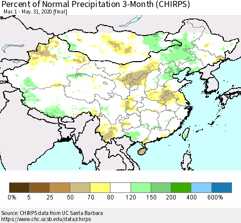 China, Mongolia and Taiwan Percent of Normal Precipitation 3-Month (CHIRPS) Thematic Map For 3/1/2020 - 5/31/2020
