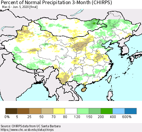 China, Mongolia and Taiwan Percent of Normal Precipitation 3-Month (CHIRPS) Thematic Map For 3/6/2020 - 6/5/2020