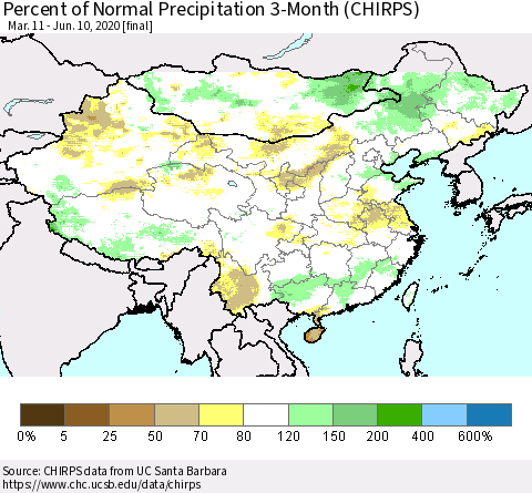 China, Mongolia and Taiwan Percent of Normal Precipitation 3-Month (CHIRPS) Thematic Map For 3/11/2020 - 6/10/2020