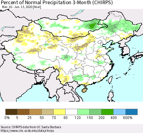 China, Mongolia and Taiwan Percent of Normal Precipitation 3-Month (CHIRPS) Thematic Map For 3/16/2020 - 6/15/2020