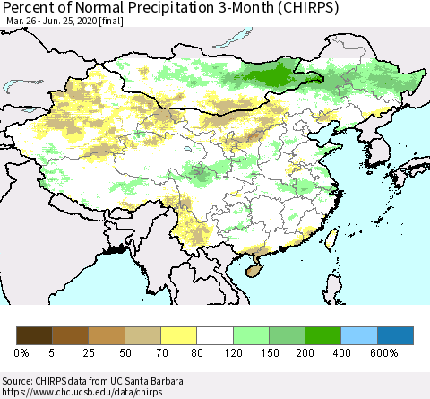 China, Mongolia and Taiwan Percent of Normal Precipitation 3-Month (CHIRPS) Thematic Map For 3/26/2020 - 6/25/2020