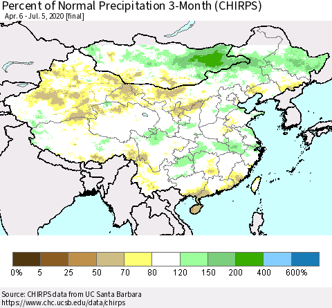 China, Mongolia and Taiwan Percent of Normal Precipitation 3-Month (CHIRPS) Thematic Map For 4/6/2020 - 7/5/2020