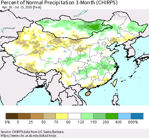 China, Mongolia and Taiwan Percent of Normal Precipitation 3-Month (CHIRPS) Thematic Map For 4/16/2020 - 7/15/2020