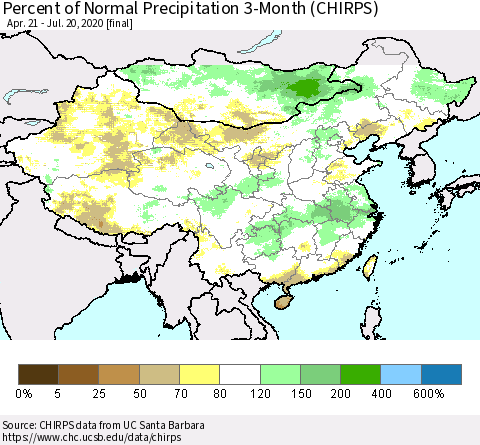 China, Mongolia and Taiwan Percent of Normal Precipitation 3-Month (CHIRPS) Thematic Map For 4/21/2020 - 7/20/2020