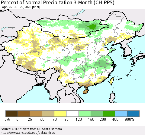 China, Mongolia and Taiwan Percent of Normal Precipitation 3-Month (CHIRPS) Thematic Map For 4/26/2020 - 7/25/2020