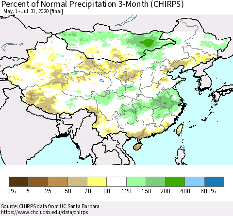 China, Mongolia and Taiwan Percent of Normal Precipitation 3-Month (CHIRPS) Thematic Map For 5/1/2020 - 7/31/2020
