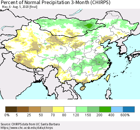 China, Mongolia and Taiwan Percent of Normal Precipitation 3-Month (CHIRPS) Thematic Map For 5/6/2020 - 8/5/2020